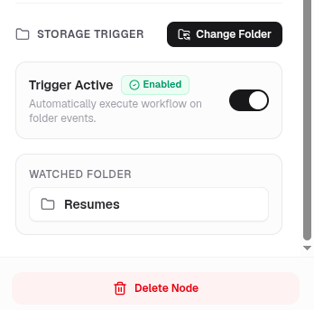 Storage Trigger Node Inspector Panel